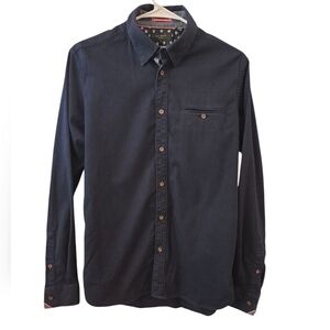 TED BAKER LONDON NAVY BLUE BUTTON DOWN SHIRT ACCENTED CUFFS. SIZE 3= SMALL.